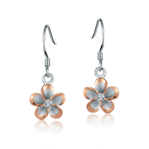 The photo show two-tone rose and white sterling silver rhodium plated plumeria hook earrings with cubic zirconia stones. 