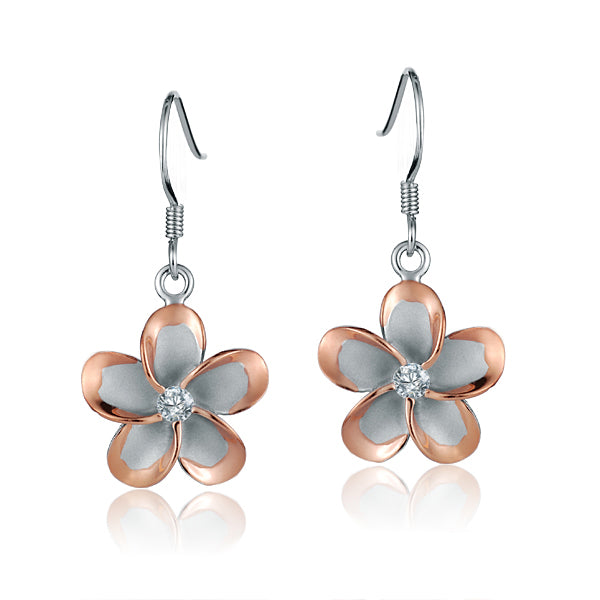  The photo show two-tone rose and white sterling silver rhodium plated plumeria hook earrings with cubic zirconia stones. 
