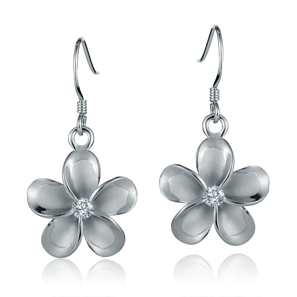 The photo show big white sterling silver rhodium plated plumeria hook earrings with cubic zirconia stones. 