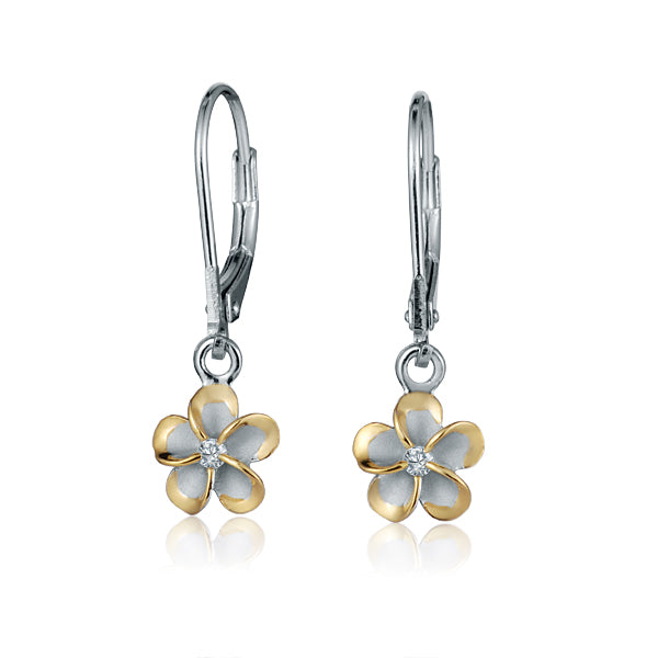 The photo shows a two-tone yellow gold vermeil and sterling silver rhodium plated plumeria lever back earrings with cubic zirconia. 