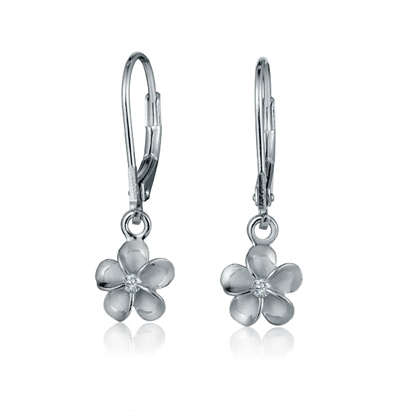 The pictures has a two-tone white gold vermeil and sterling silver rhodium plated flower lever back earrings with cubic zirconia.