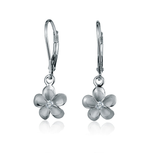 The photo shows a medium size two-tone white gold vermeil and sterling silver rhodium plated plumeria flower lever back earrings with cubic zirconia stones.