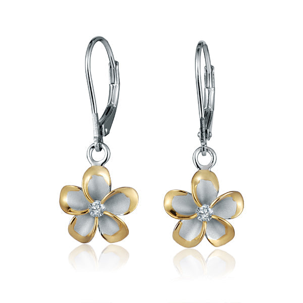 The photo shows a medium size two-tone yellow gold vermeil and sterling silver rhodium plated plumeria flower lever back earrings with cubic zirconia stones.