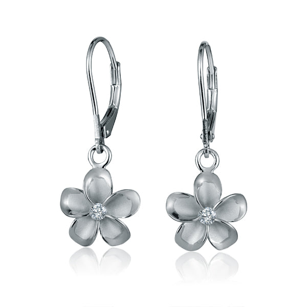 The photo shows a medium size two-tone white gold vermeil and sterling silver rhodium plated plumeria flower lever back earrings with cubic zirconia stones.