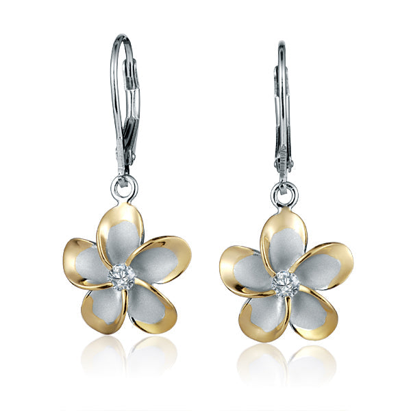 The photo shows a large size two-tone yellow gold vermeil and sterling silver rhodium plated plumeria flower lever back earrings with cubic zirconia stones.