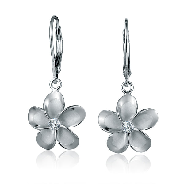 The photo shows a medium size two-tone white gold vermeil and sterling silver rhodium plated plumeria flower lever back earrings with cubic zirconia stones.