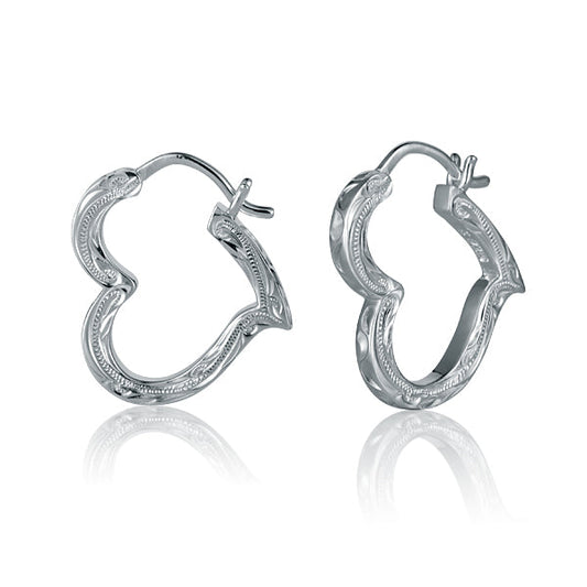 The photo show sterling silver heart outline hook earrings with scroll engraving.
