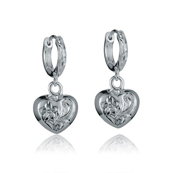The photo shows a pair of sterling silver white gold vermeil scroll heart hoop earrings.