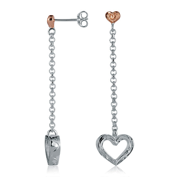 The photo shows a pair of two-tone sterling silver rose gold vermeil heart dangle stud earrings. 