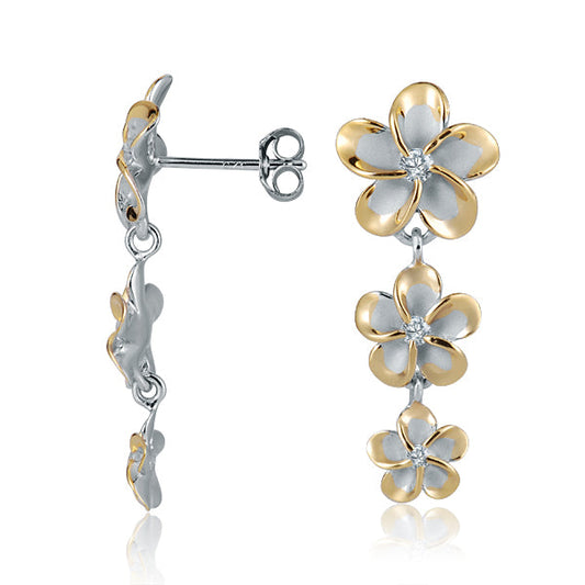 The photo shows a rhodium plated yellow gold vermeil stud earrings with cubic zirconia. 