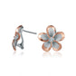 The picture shows a pair of rose gold vermeil and sterling silver rhodium plated flower clip earrings with cubic zirconia. 