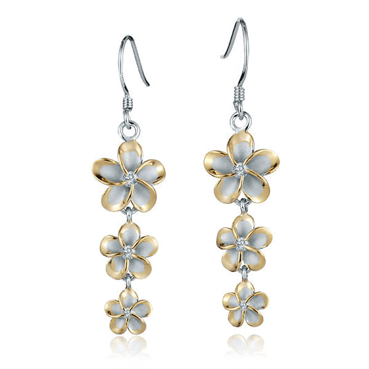 The photo shows a sterling silver rhodium plated yellow gold vermeil hook earrings with cubic zirconia. 