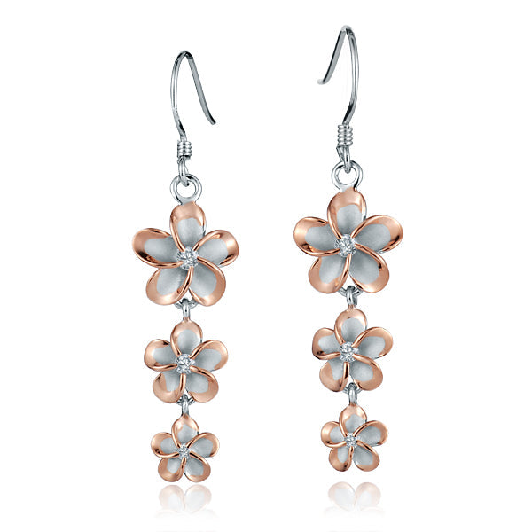 The photo shows a sterling silver rhodium plated rose gold vermeil hook earrings with cubic zirconia. 