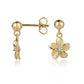 The photo is a pair of yellow gold vermeil plumeria stud earrings with cubic zirconia. 