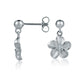 The photo is a pair of white gold vermeil plumeria stud earrings with cubic zirconia. 