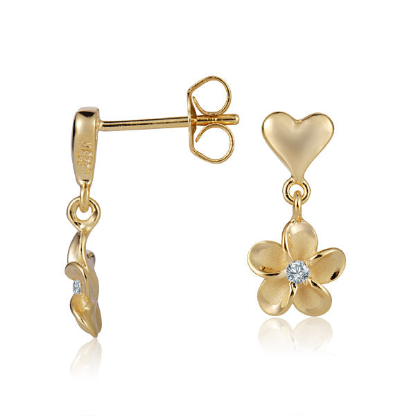 The photo is yellow gold vermeil heart stud earrings featuring a plumeria with cubic zirconia.