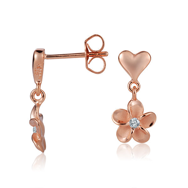The photo is rose gold vermeil heart stud earrings featuring a plumeria with cubic zirconia.
