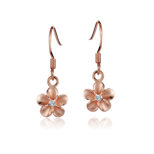 The photo is 8mm rose gold vermeil plumeria hook earrings with cubic zirconia.