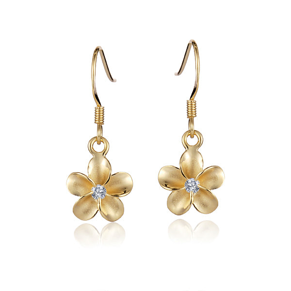 The picture shows a pair of yellow gold vermeil flower hook earrings with cubic zirconia.