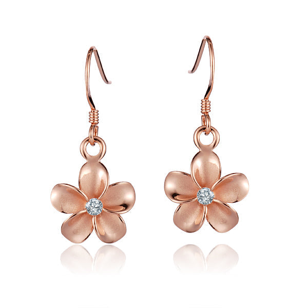 The photo is a pair of plumeria hook earrings made of rose gold vermeil with cubic zirconia gems.