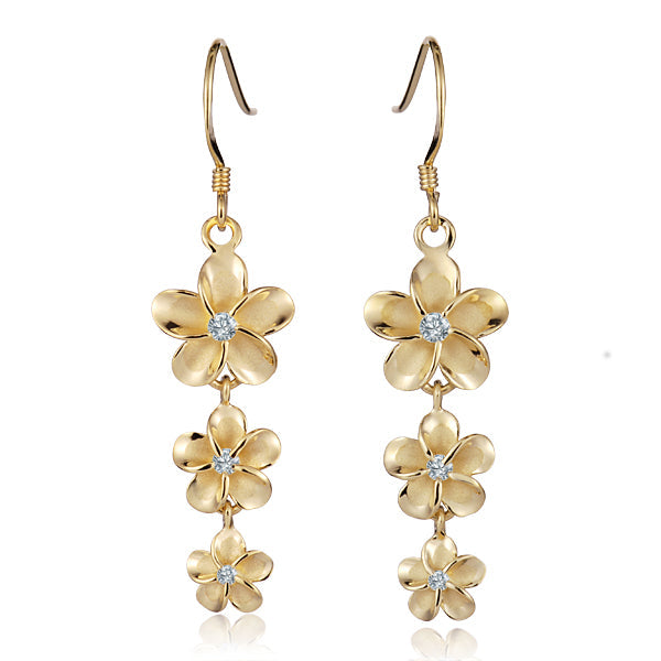 The photo show sterling silver yellow gold vermeil rhodium finish flower hook earrings with cubic zirconia gems. 