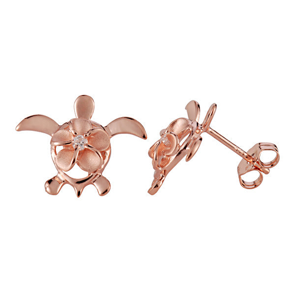 The photo shows a rose gold vermeil sea turtle stud earrings paired with a plumeria design and cubic zirconia. 