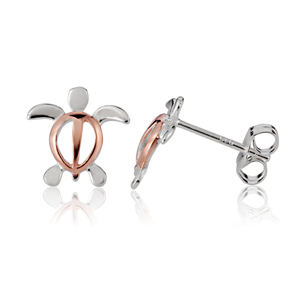 The picture shows a pair of two-tone white and rose gold vermeil sea turtle stud earrings. 
