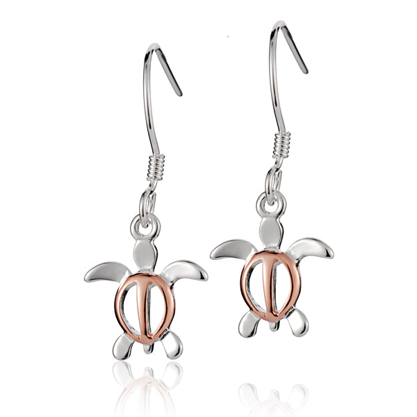 The picture has a pair of two-tone white and rose gold vermeil sea turtle hook earrings. 