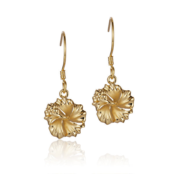The photo shows a pair of yellow gold vermeil hibiscus hook earrings. 