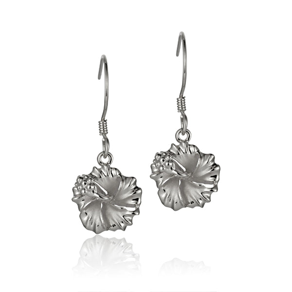 The photo shows a pair of white gold vermeil hibiscus hook earrings. 