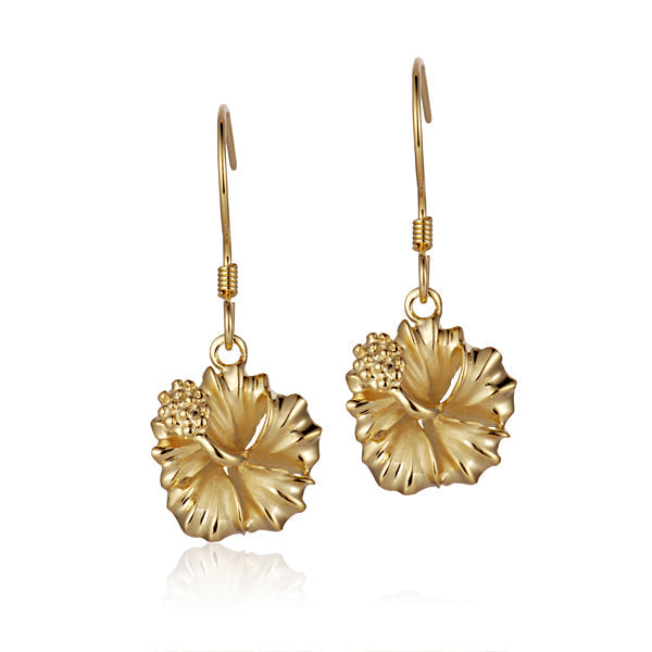 The photo shows a pair of yellow gold vermeil hibiscus hook earrings. 
