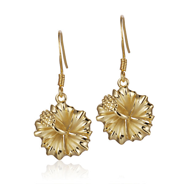 The photo shows a pair of yellow gold vermeil hibiscus hook earrings. 