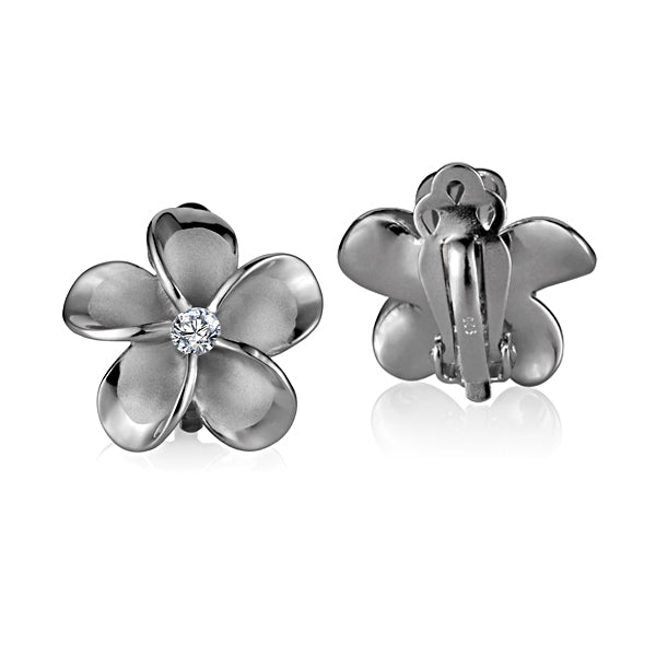 The picture is a par of flower clip earrings with a cubic zirconia gem in the center. 