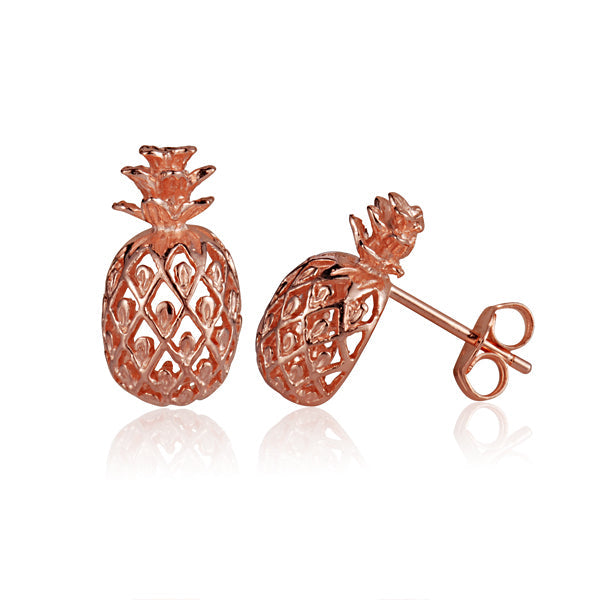 The photo shows a pair of rose gold sterling silver pineapple stud earrings. 