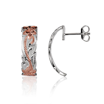The photo shows a pair of plumeria scroll stud earrings with rose gold vermeil details. 