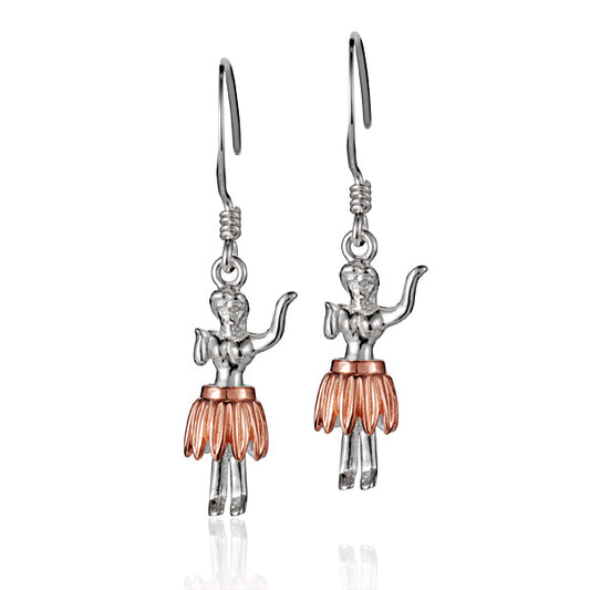 The photo shows a pair of two-tone white and rose gold vermeil hula dancer hook earrings. 