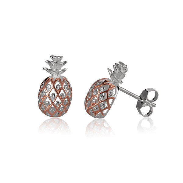 The photo shows a pair of two-tone white and rose gold sterling silver pineapple stud earrings. 