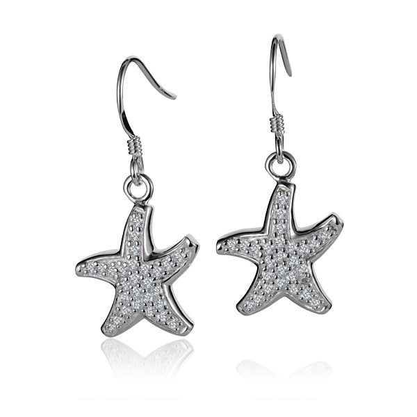 The photo shows a pair of sterling silver starfish hook earrings with cubic zirconia. 