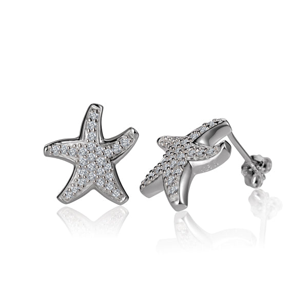 The photo shows a pair of starfish stud earrings with cubic zirconia. 