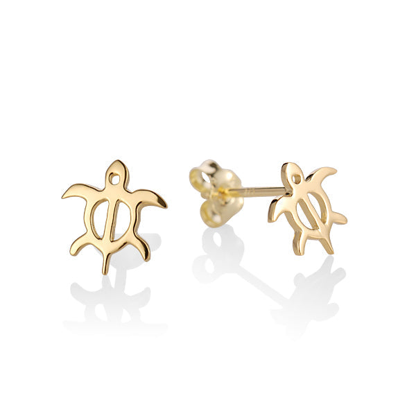 The photo shows a pair of yellow gold vermeil stud earrings featuring our sea turtle motif. 