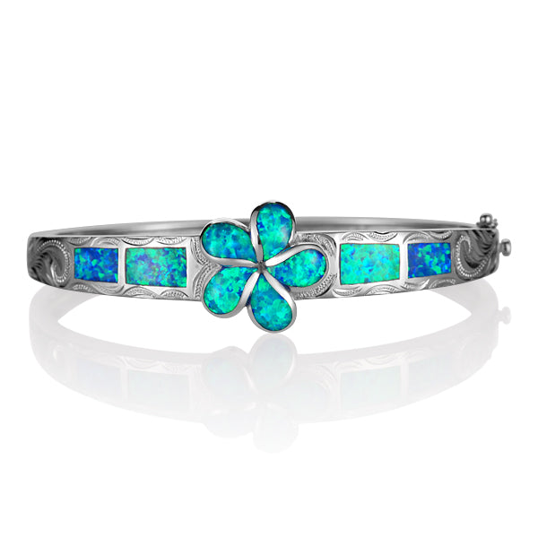 Opalite Plumeria Bangle with Scroll Engraving