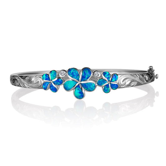 Opal 3 Plumerias Bangle with Scroll Engraving