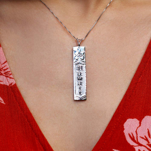 Plumeria Engraved Bar Pendant